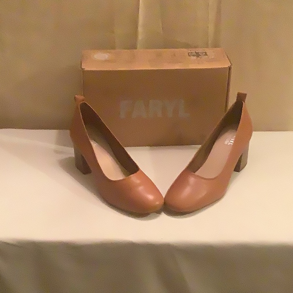 Farylrobin Tan Leather Heels Rounded Toe